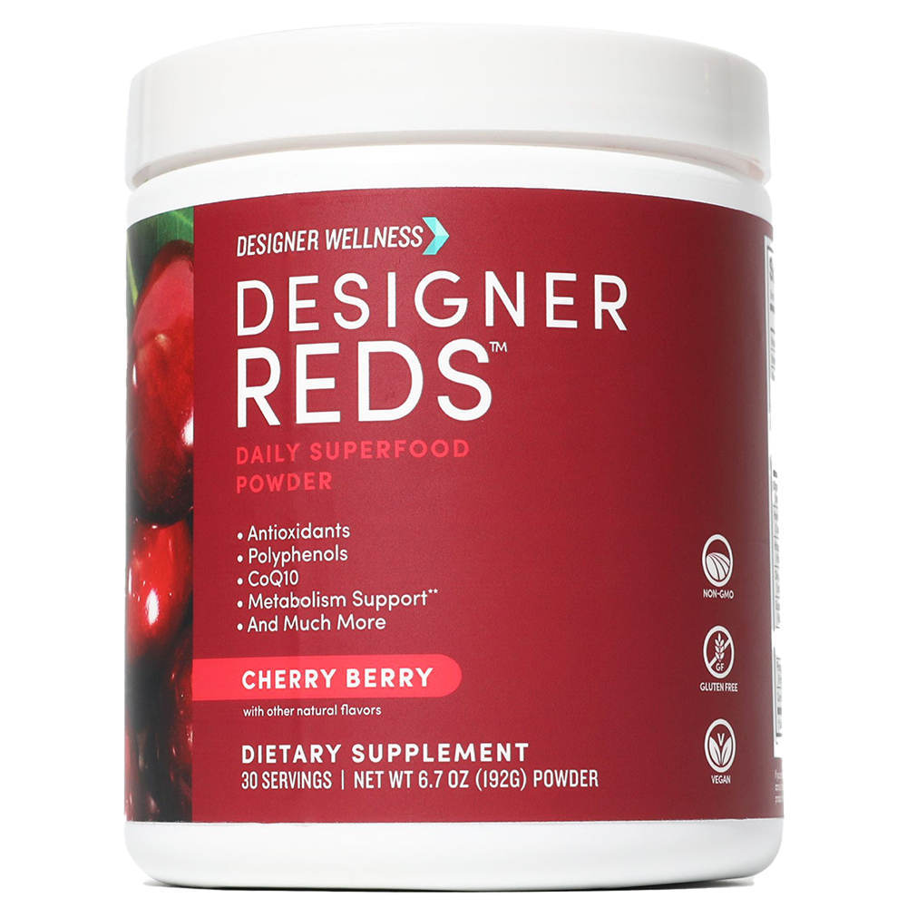 Container of Designer Reds superfood powder, cherry berry flavor.