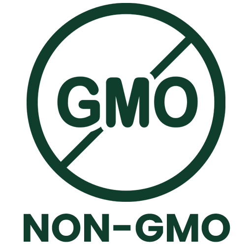 Non-GMO label with stylized text and leaf design.