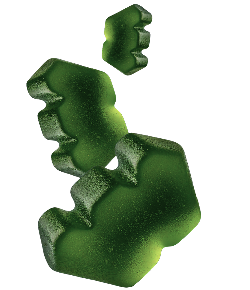 Three green, irregularly shaped gummy candies floating against a black background.