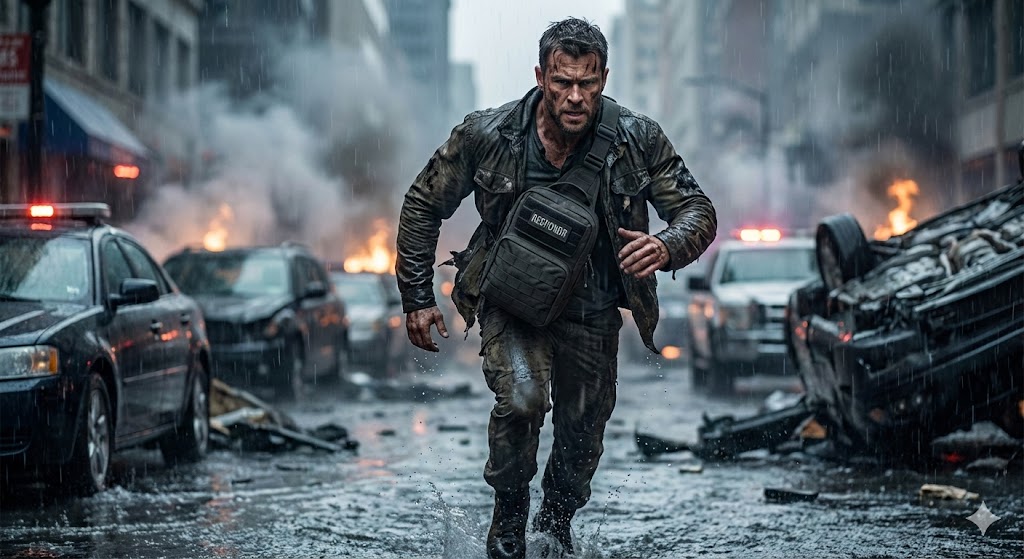 Man running in a rainy, chaotic street with burning cars and debris.