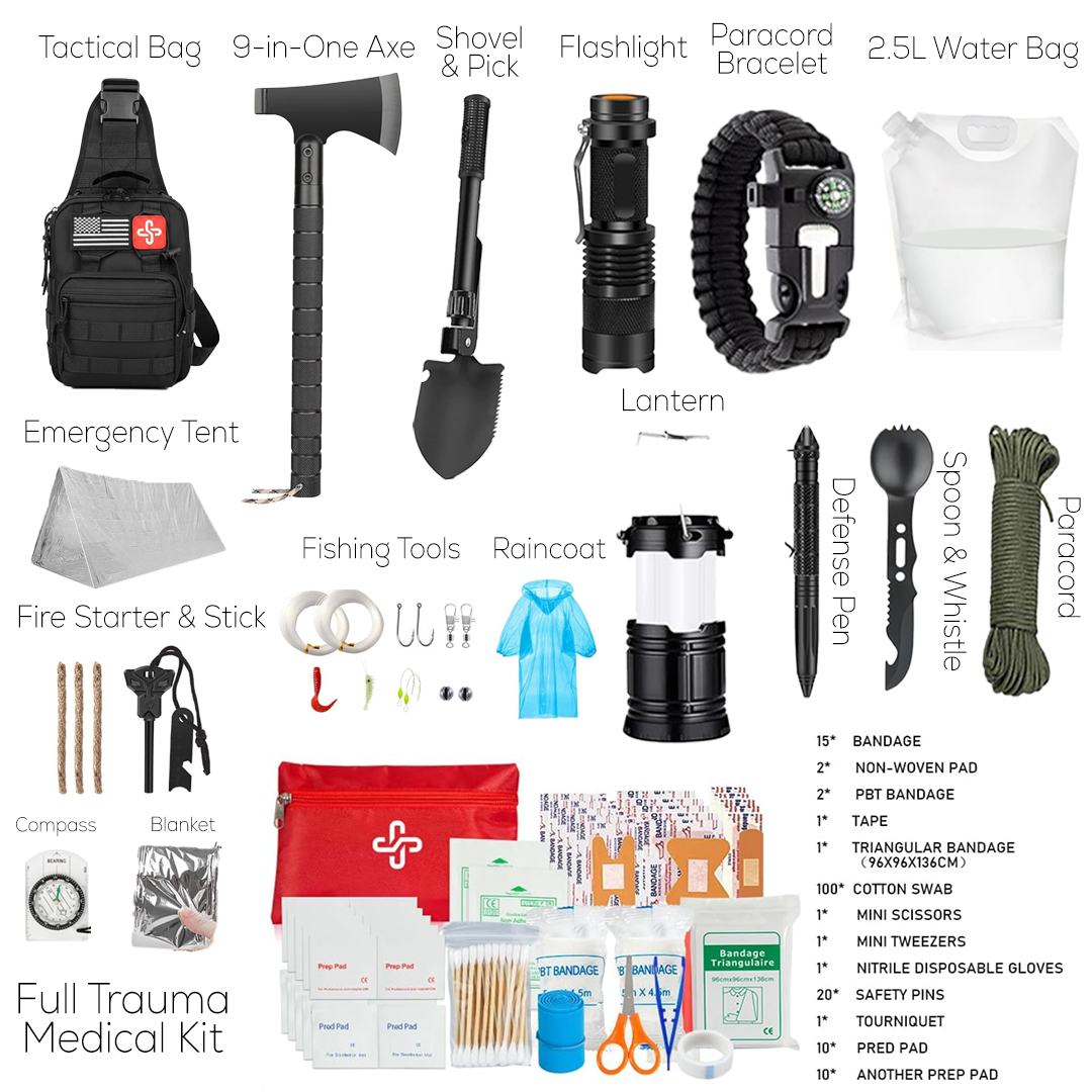 Survival gear including tools, flashlight, tent, medical kit, and water bag displayed on a white background.