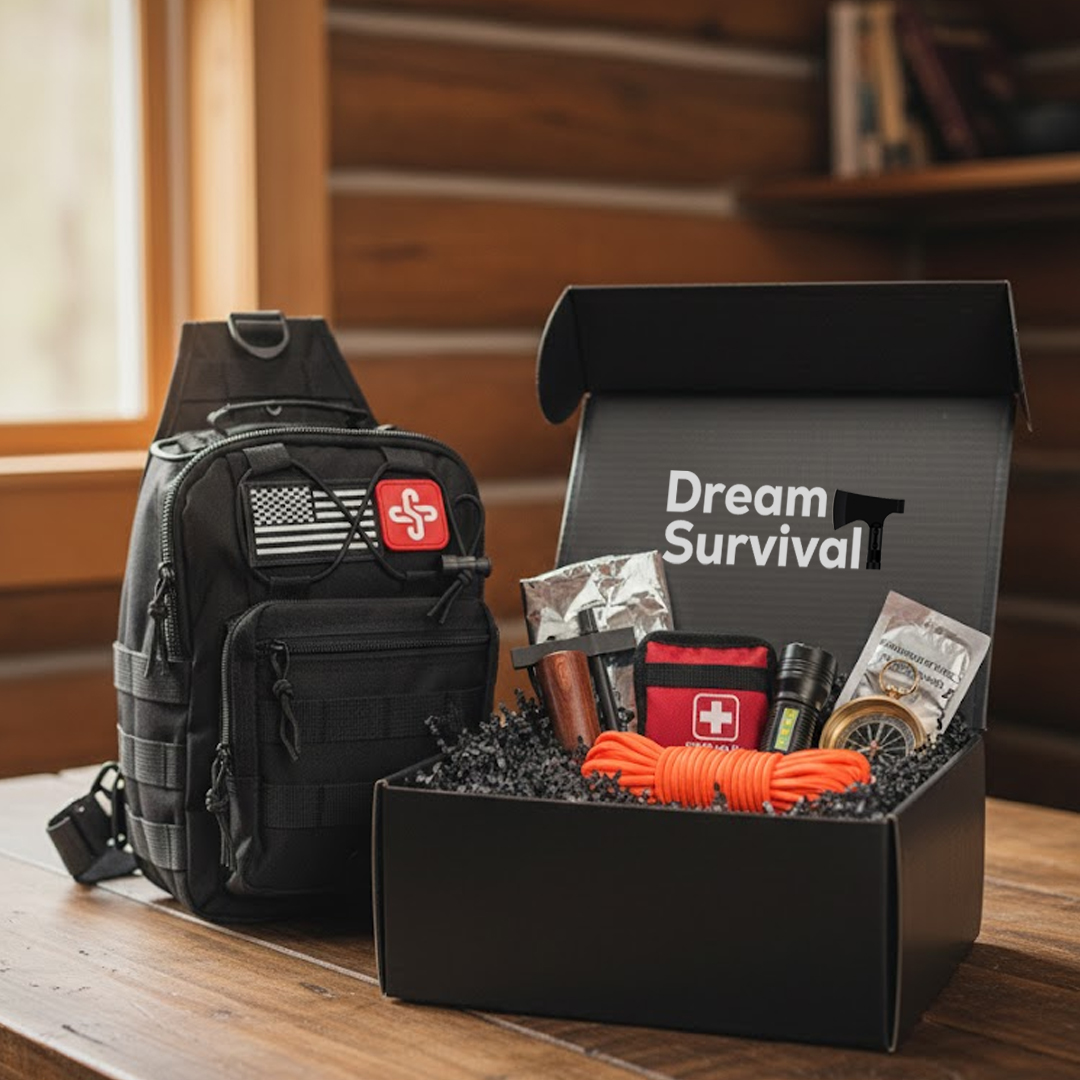 A black tactical bag sits on a wooden table next to an open box of survival gear.