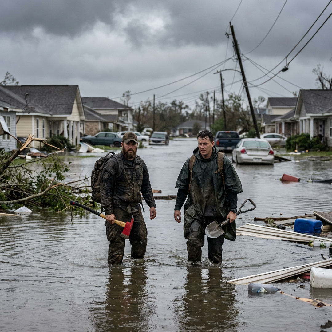 Two men wade through a flooded street with debris and damaged cars.