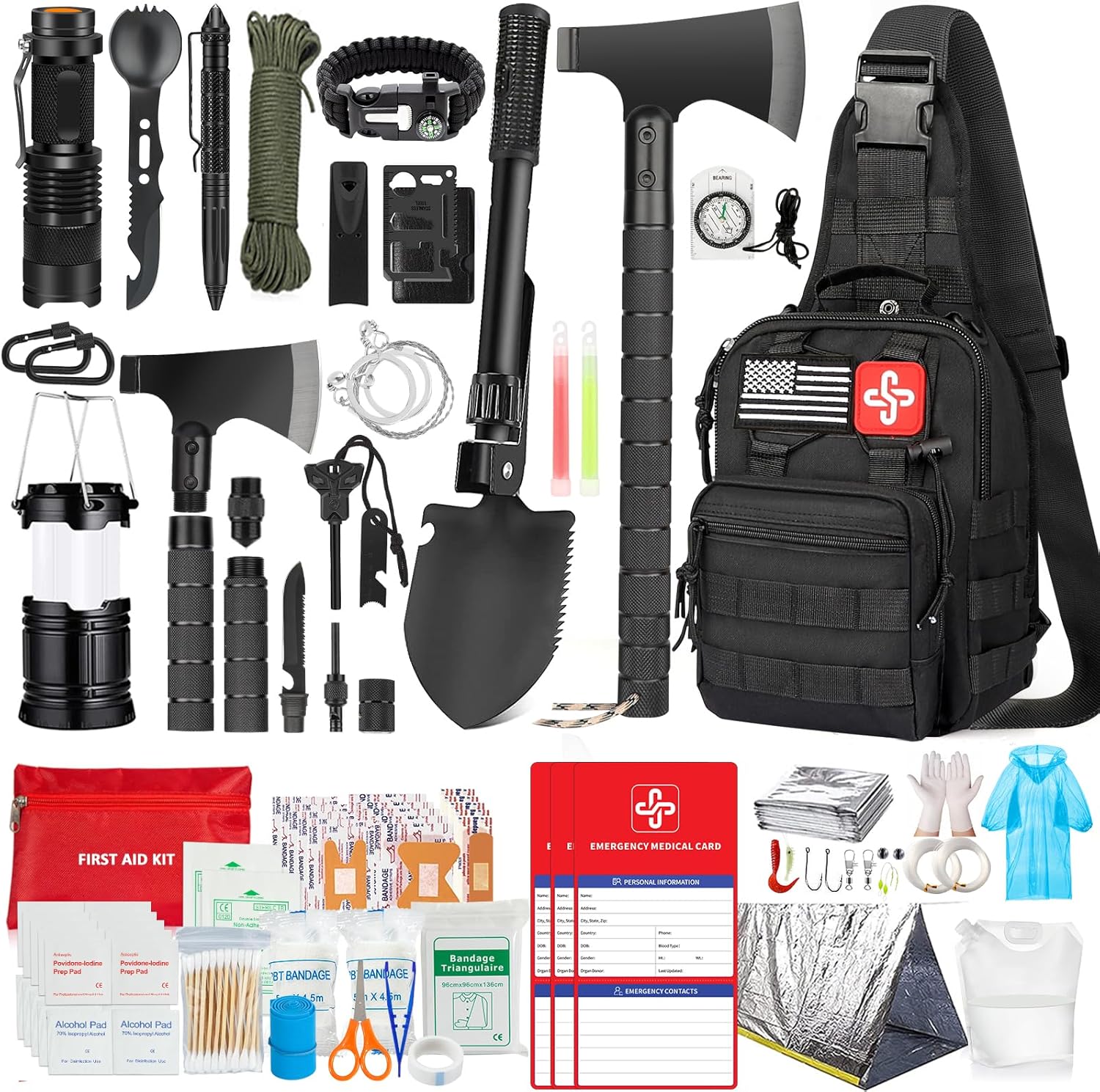 Assorted survival gear, including tools, first aid kit, and a black backpack.
