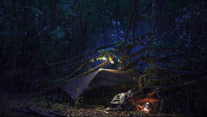 Forest campsite with tarp shelter and small campfire at night.