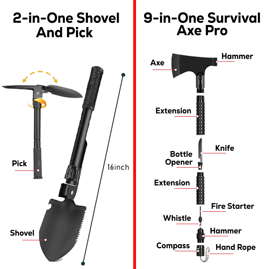 Image showing a 2-in-1 shovel and pick, and a 9-in-One Survival Axe Pro.