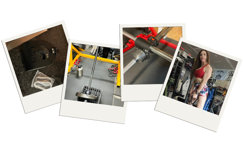 Collage of gym equipment and a person in workout attire.