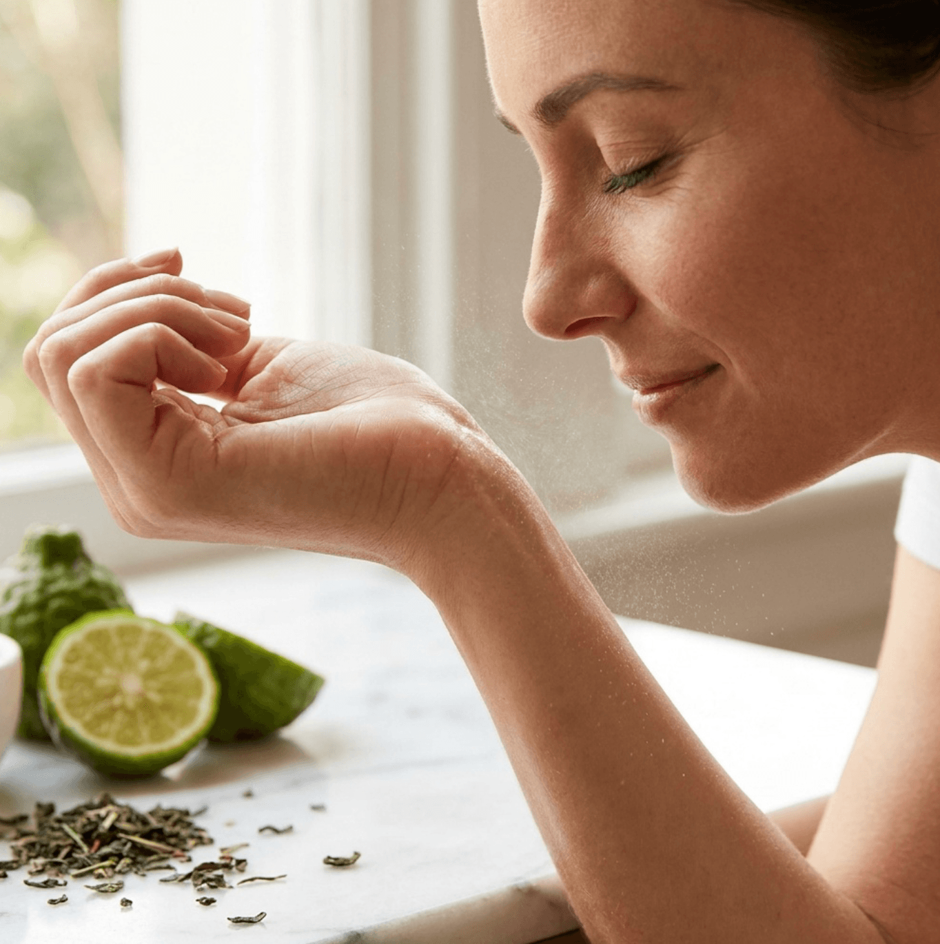A woman with her eyes closed smells a fragrance on her wrist, with bergamot and tea leaves nearby.