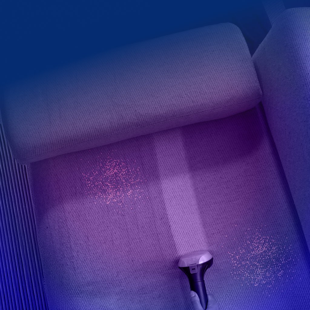 An overhead view of a person using a handheld vacuum to clean a purple upholstered sofa.