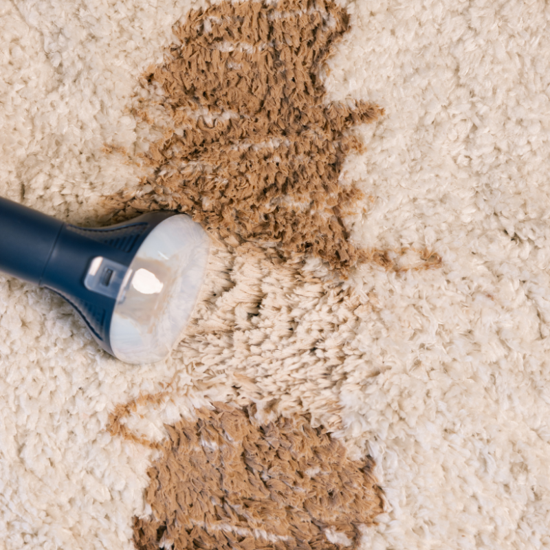 A handheld cleaning tool is used to remove a large brown stain from a light-colored, shaggy rug.