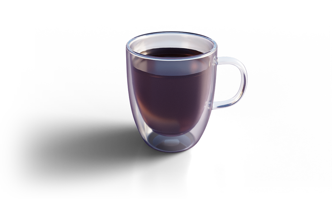 Clear glass mug filled with dark liquid against black background.