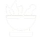 White line drawing of a bowl with leaves and a spoon on a black background.