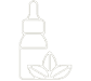 Line drawing of a bottle with a dropper and two leaves.