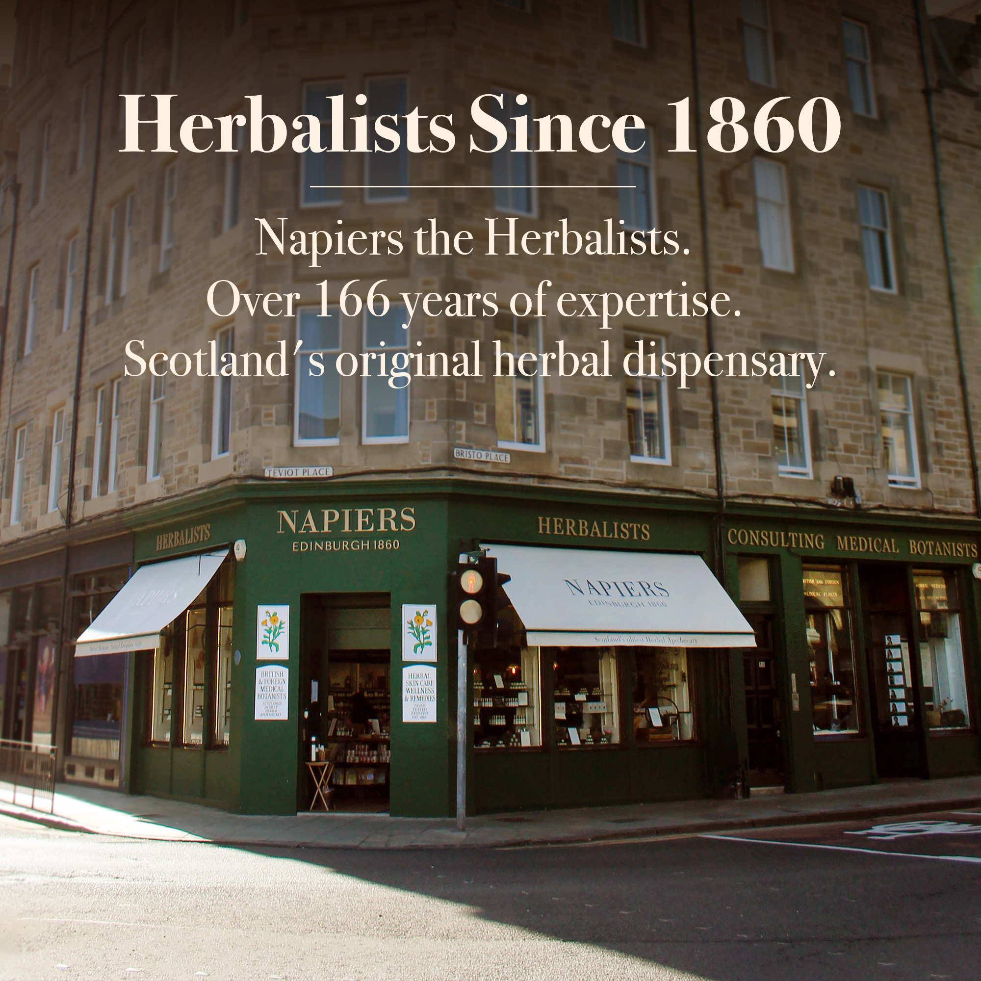The exterior of Napiers the Herbalists shop on a city street corner, with text overlayed.