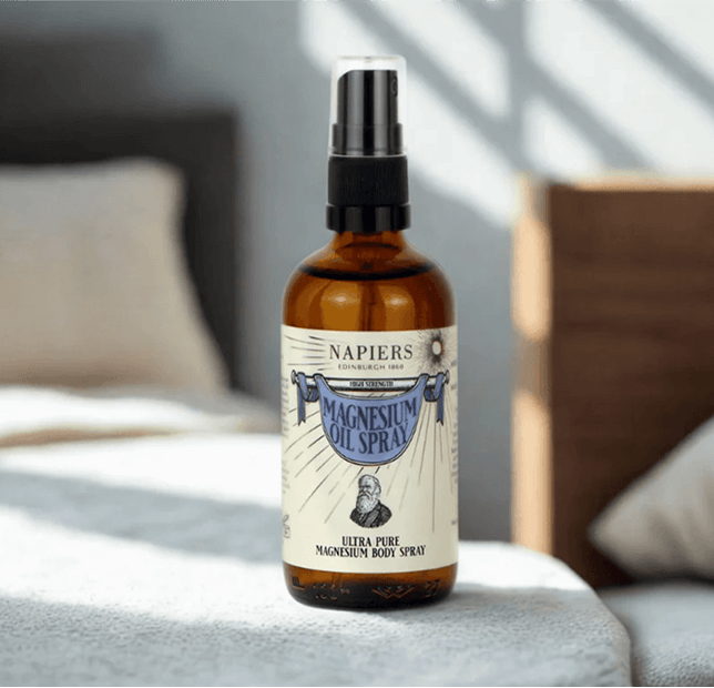 Brown bottle labeled 'Magnesium Oil Spray' on a soft background.