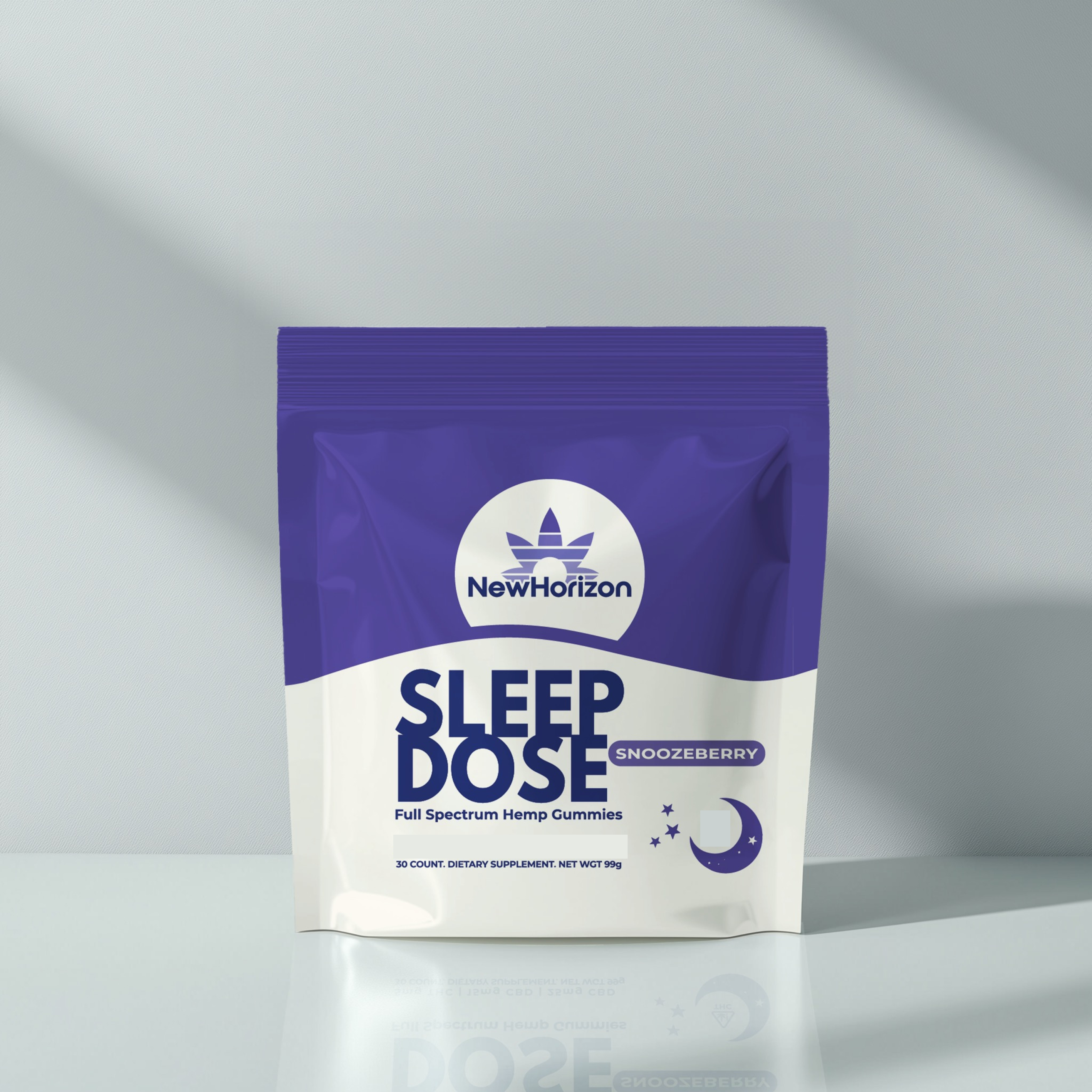 Purple and white packaging of NewHorizon Sleep Dose hemp gummies.