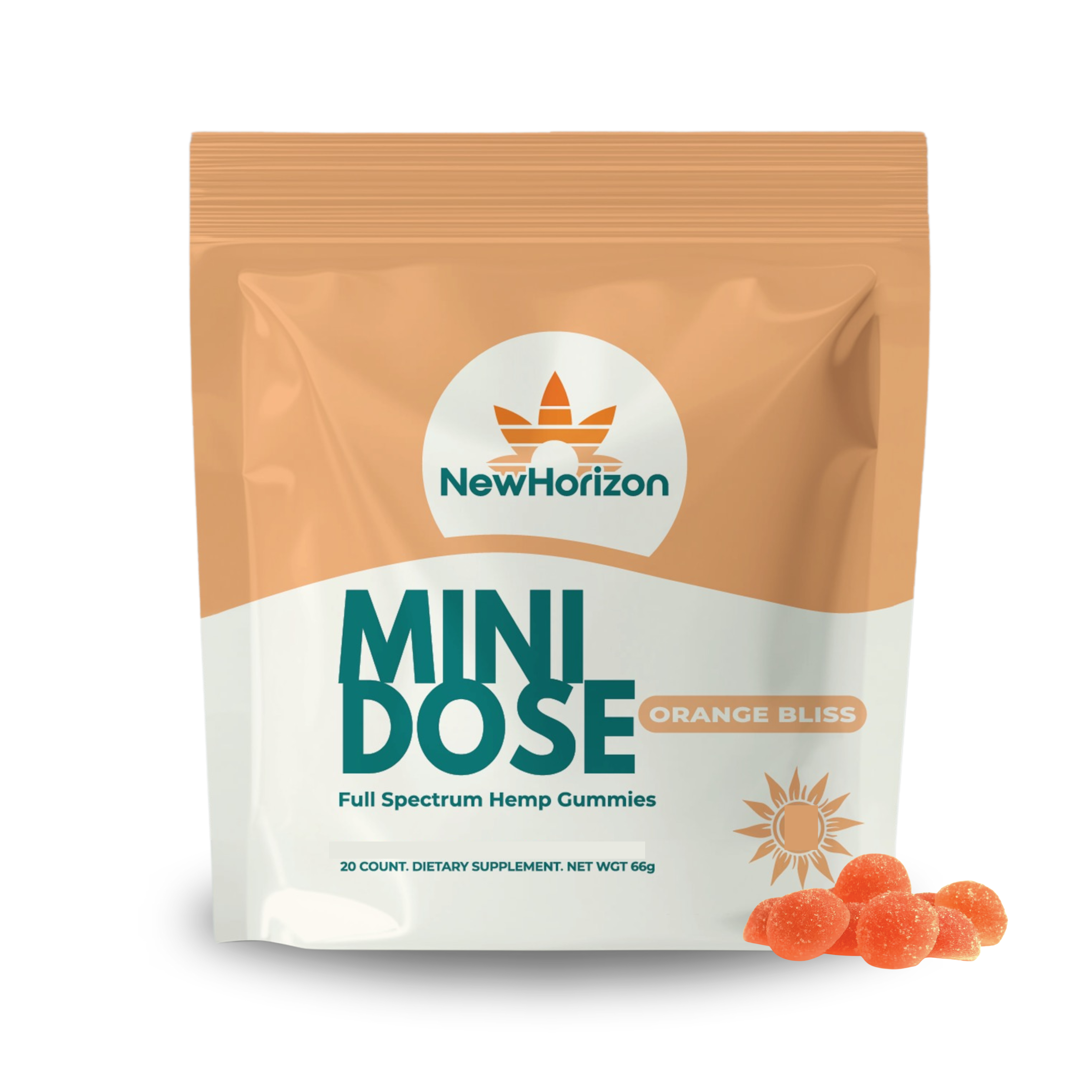 Package of NewHorizon Mini Dose hemp gummies with orange gummies beside it.
