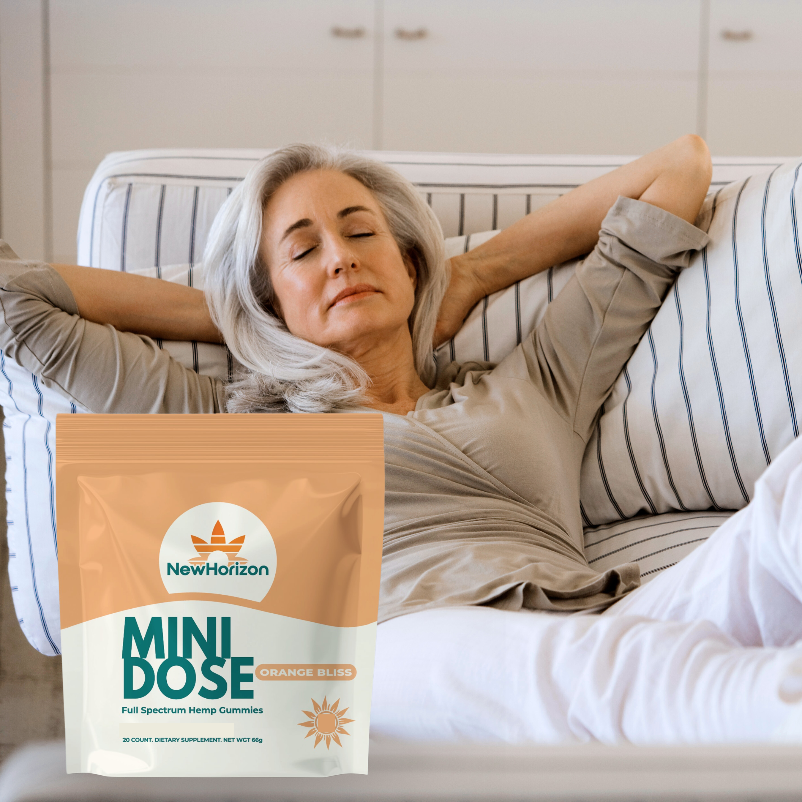 Woman relaxing on a couch with a package of hemp gummies in the foreground.