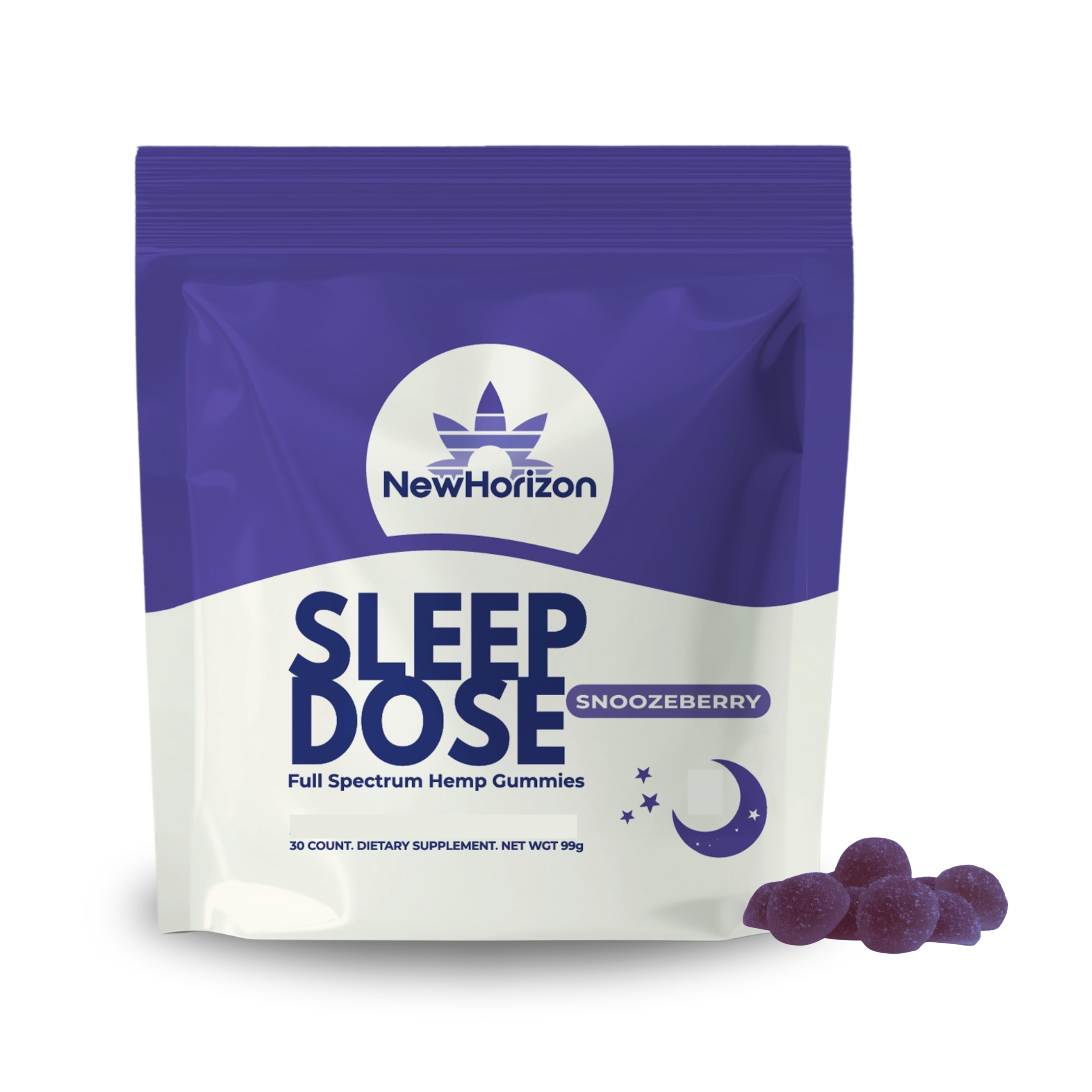 Purple and white package of Sleep Dose hemp gummies with berries beside it.