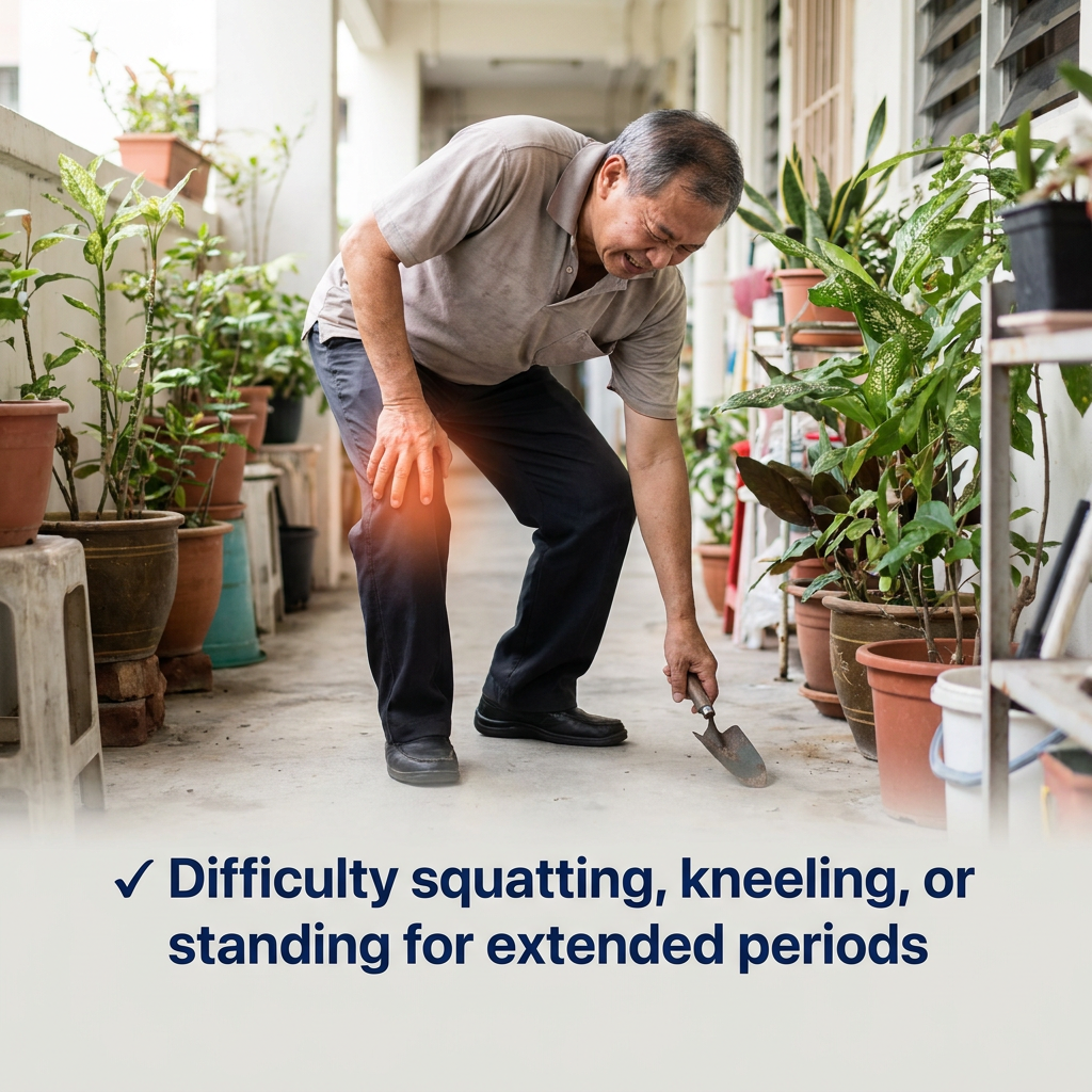 An older man holds his knee in pain while gardening with a trowel on a patio.