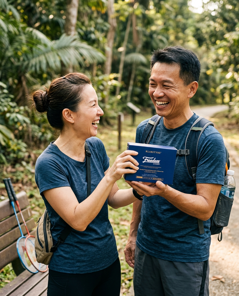 A man and a woman in sportswear laugh together in a park while holding a blue box.