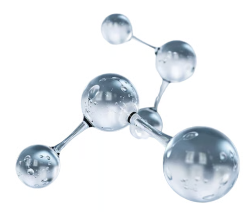 A stylized, glass-like model of a molecule with bubbles suspended inside, set against a white background.