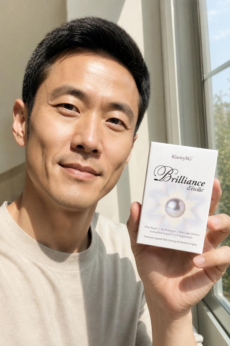 An East Asian man in a beige t-shirt holds up a white box of Brilliance d'étoile product.