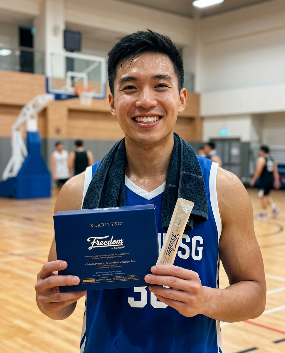 A smiling man in a basketball jersey holds a box and packet of a Klaritysg Freedom product.