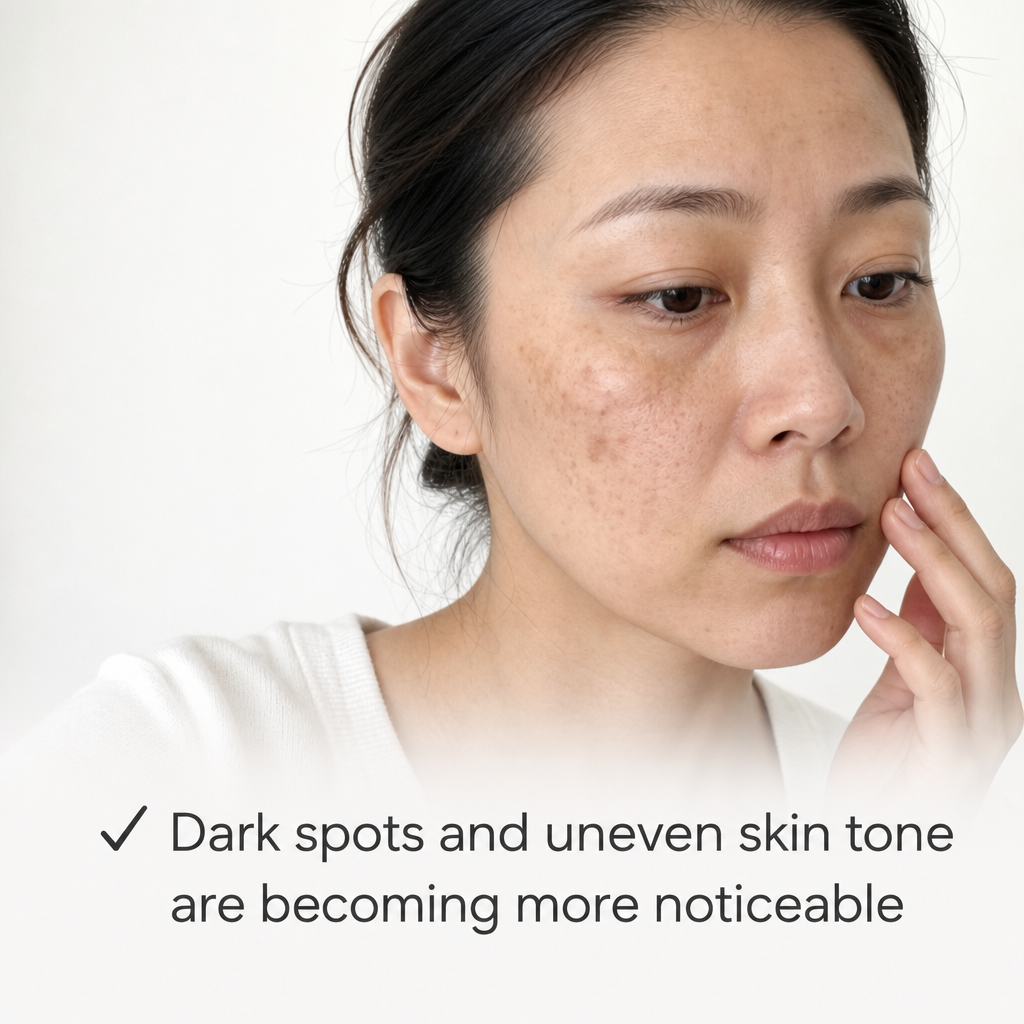 A woman with tired-looking skin looks at the camera, above text describing dull and tired skin.