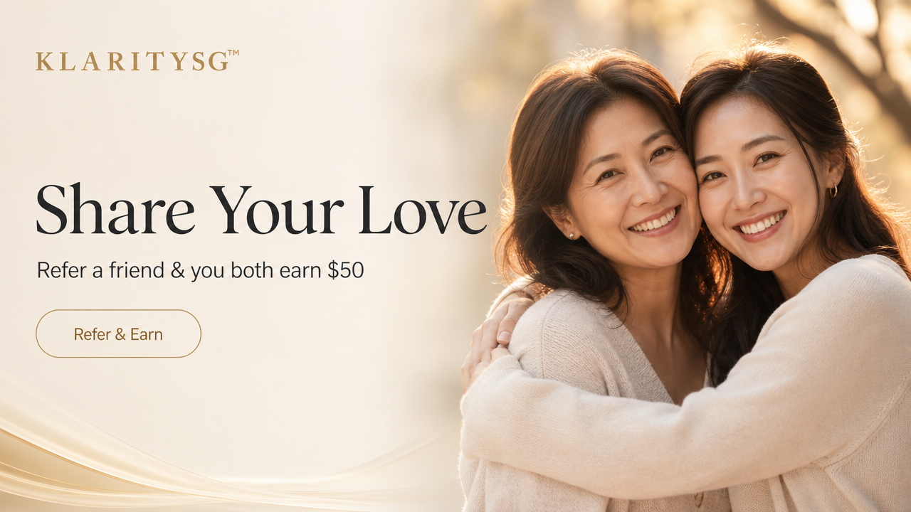A smiling mother and daughter hug each other outdoors in an advertisement for a referral program.