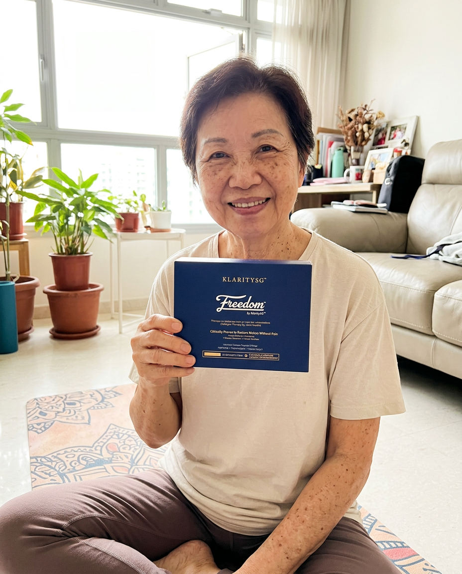 A smiling older woman sits on a yoga mat and holds up a blue product box.
