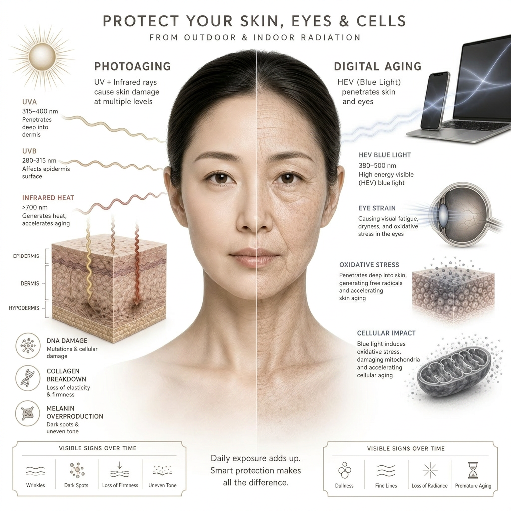 Infographic showing the effects of outdoor and indoor radiation on skin, with a split-face comparison of a woman.