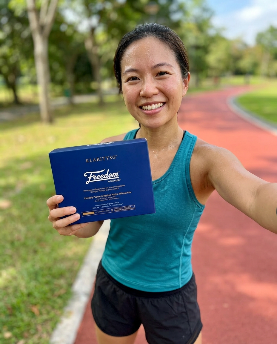 A smiling woman in athletic clothes holds a blue product box while standing on a running track.
