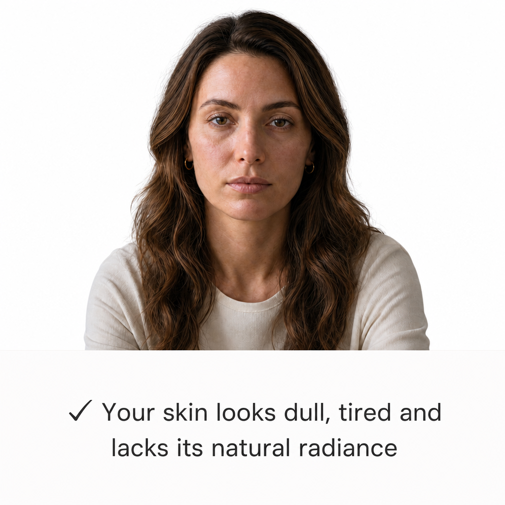 A woman rests her head on her hand, looking down with a frustrated expression at a line of skincare products.