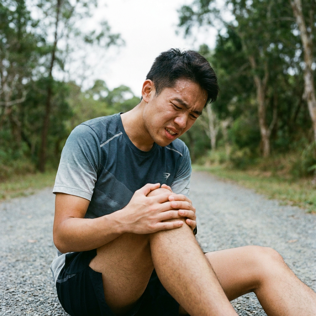 A male runner sits on a gravel path outdoors, holding his knee with a pained expression.