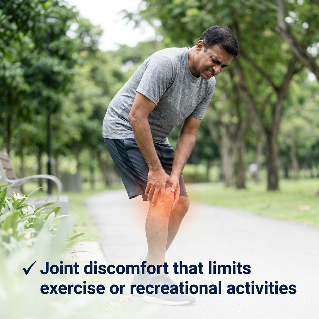 A man in a park holds his knee in pain, which is highlighted with a red glow.