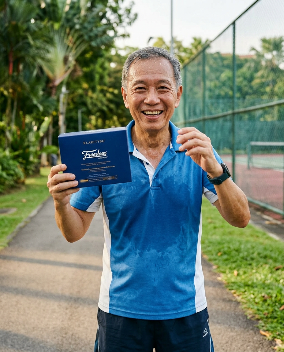 A smiling, sweaty older man in athletic clothes holds a blue product box outdoors on a path.