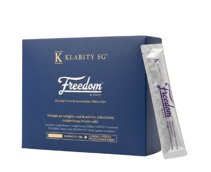 A blue box of Klarity SG Freedom joint health supplement next to a single silver sachet.