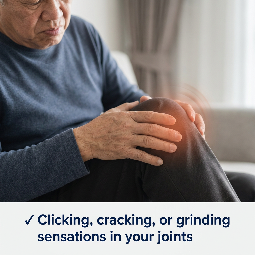 An older man sits on a couch, holding his knee which has a red glow indicating pain.