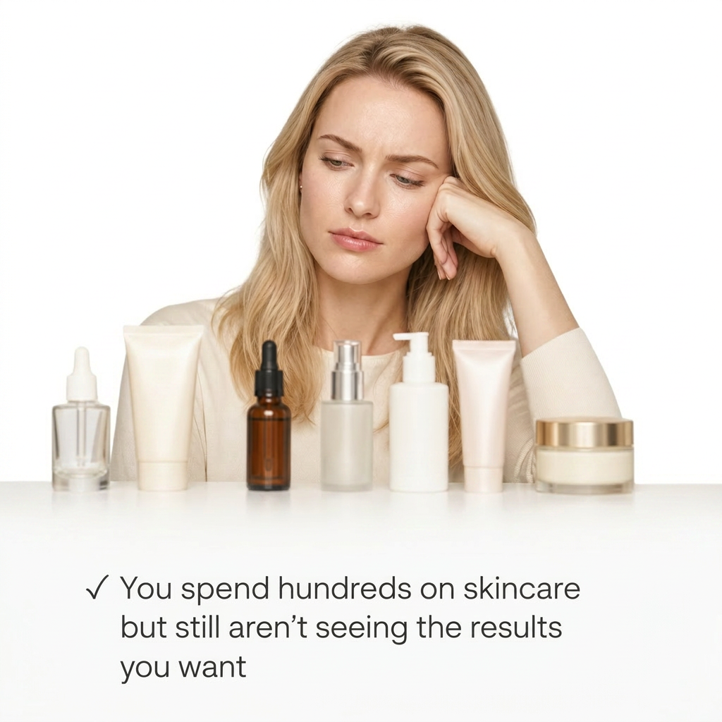 A woman touches her face, which has dark spots and an uneven skin tone, against a white background.