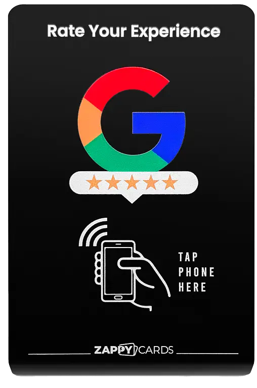 Google logo with five stars and a phone tap icon on black background.