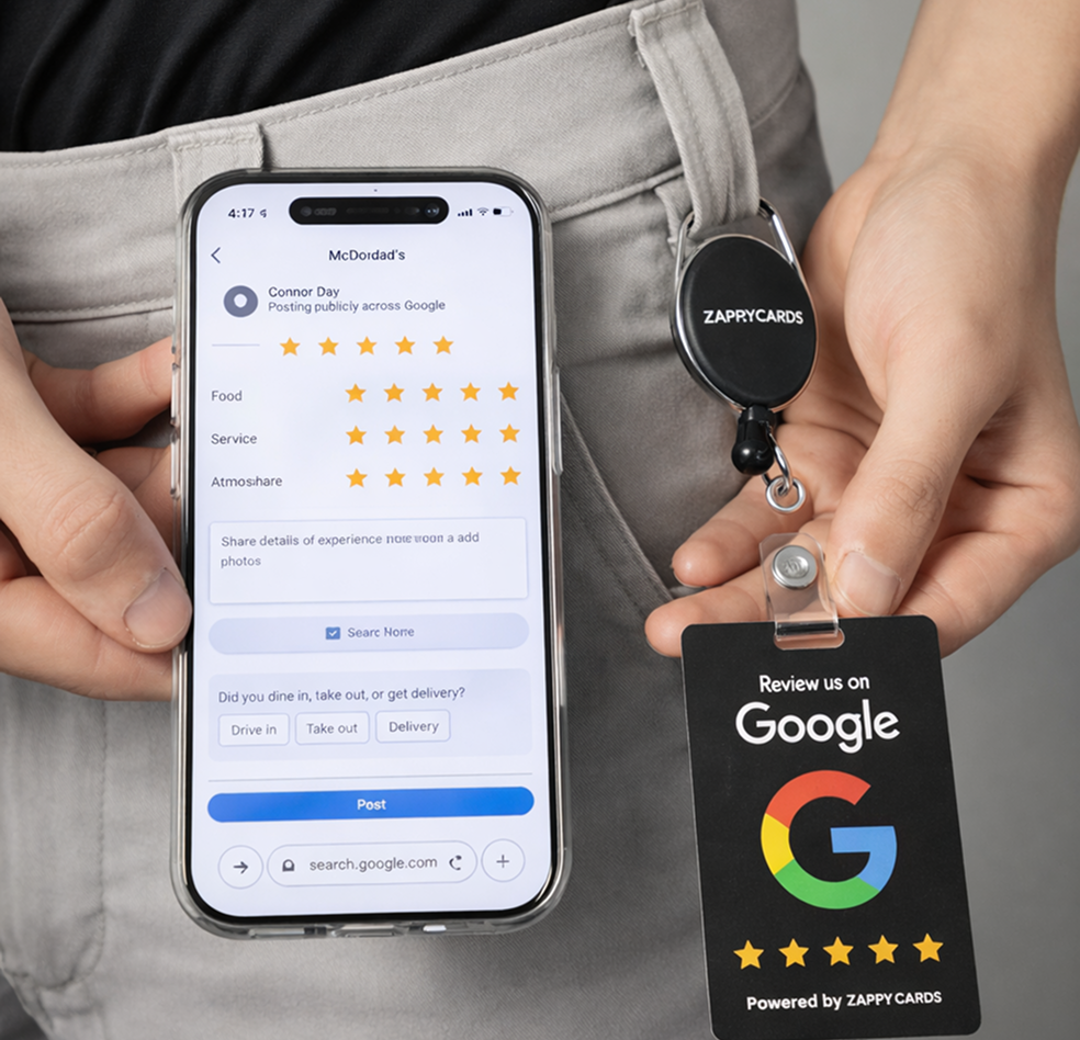 A person holds a smartphone showing a Google review page and a 'Review us on Google' card.