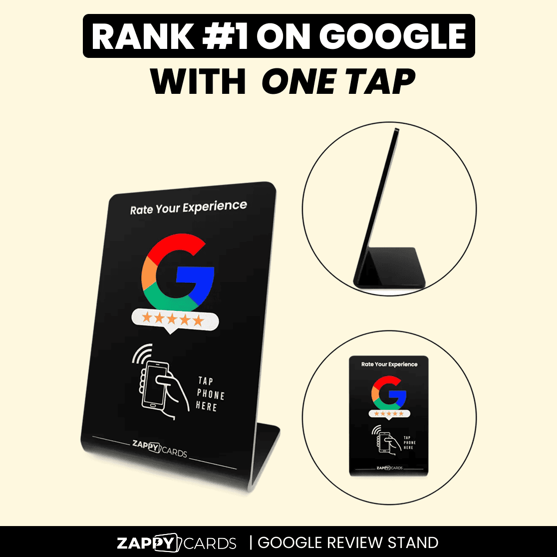 Black stand with Google logo, stars, and 'Rate Your Experience' text.
