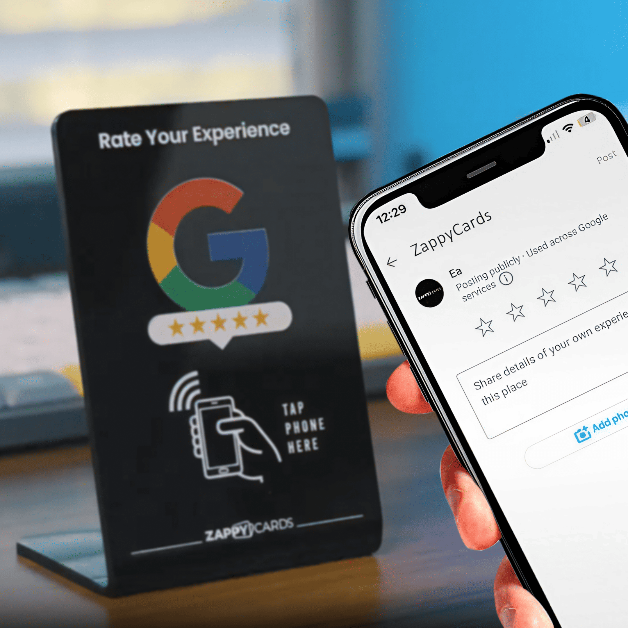 Person holding phone with review app, next to a Google rating sign.