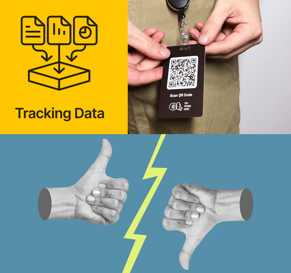 A collage showing data tracking concepts, a QR code badge, and thumbs up/down gestures.