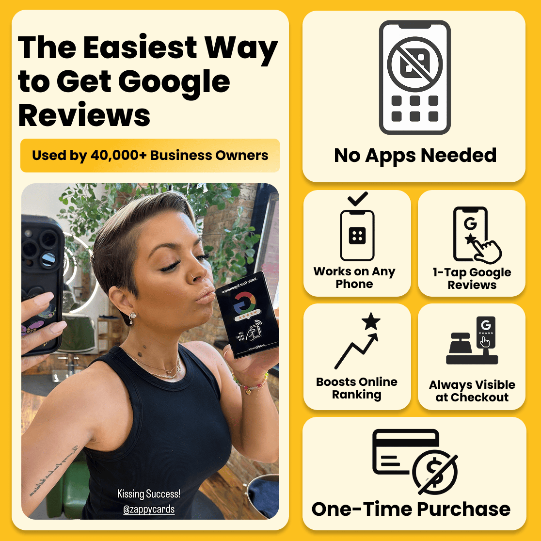 Woman holding a card, surrounded by text promoting easy Google reviews.