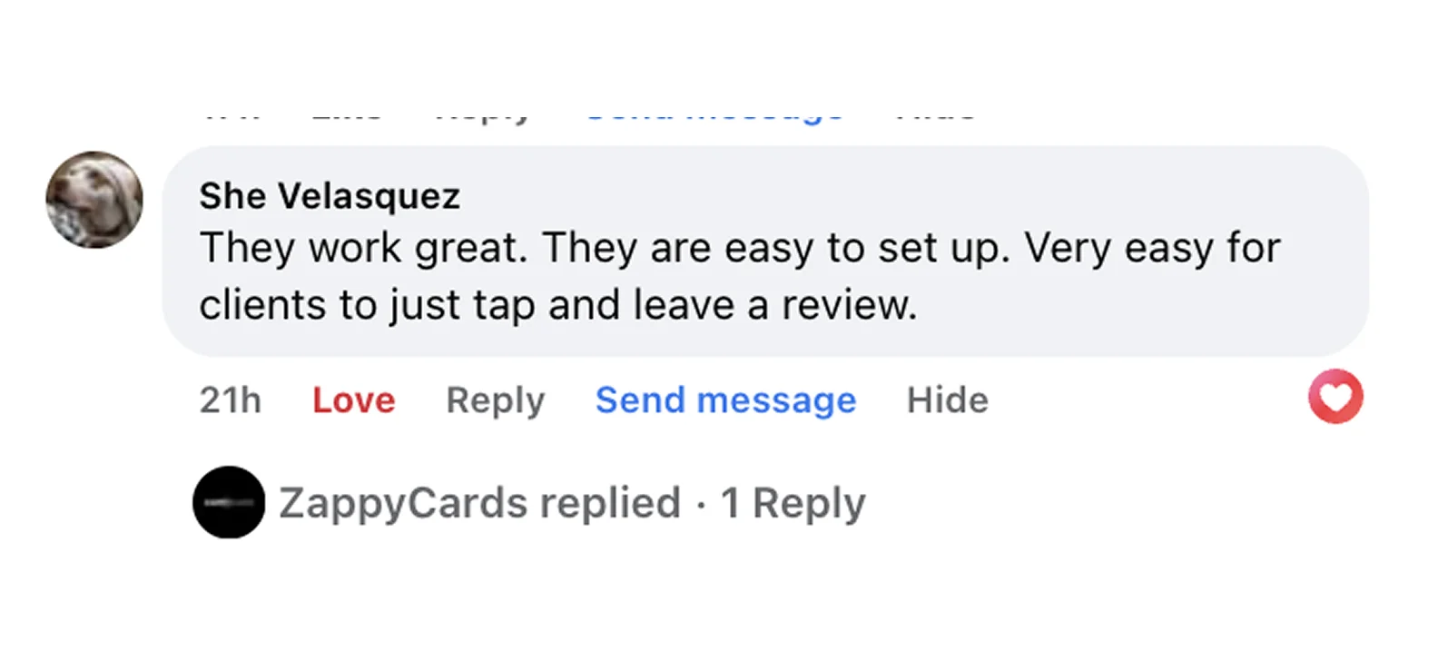 A social media testimonial from She Velasquez saying a product works great and is easy to set up.