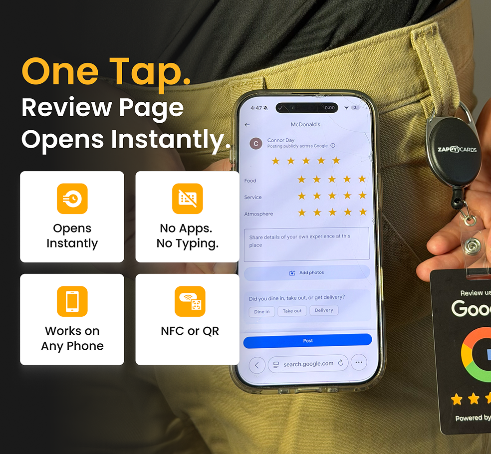 An advertisement showing a smartphone with a Google review page and text highlighting the product's features.