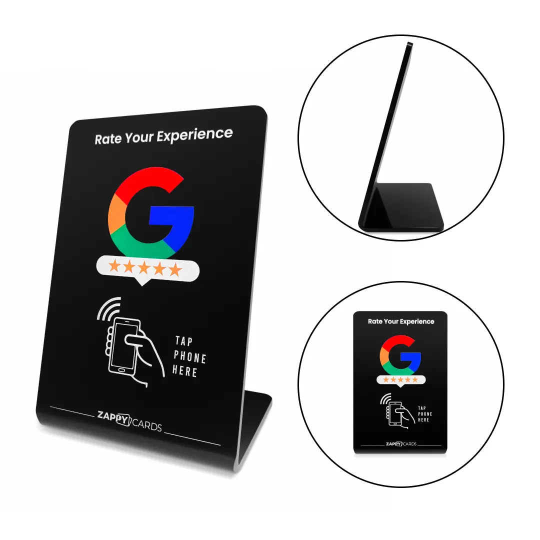 Black stand with Google logo, stars, and 'Rate Your Experience' text.