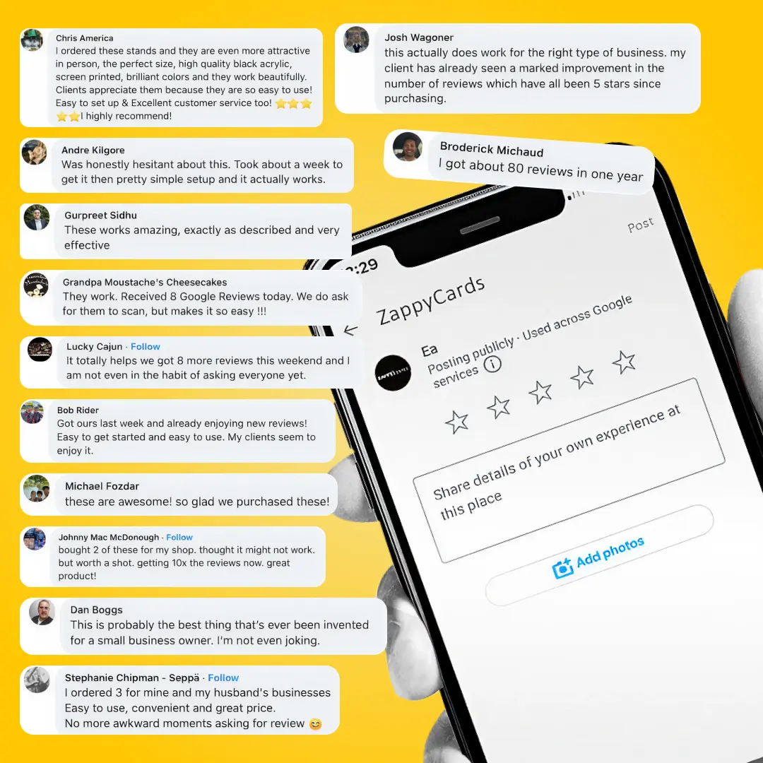 Smartphone displaying a review app with multiple positive customer testimonials on a yellow background.